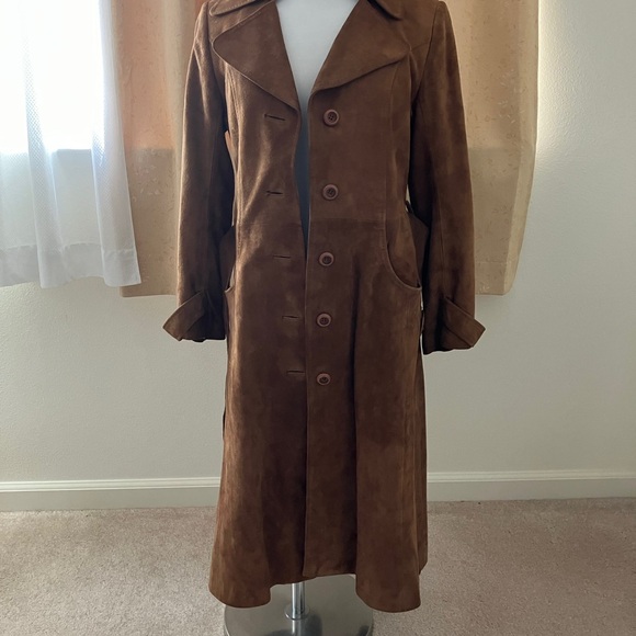 COPY - Genuine Leather Long Brown Suede Trench Style Coat. - Picture 2 of 16
